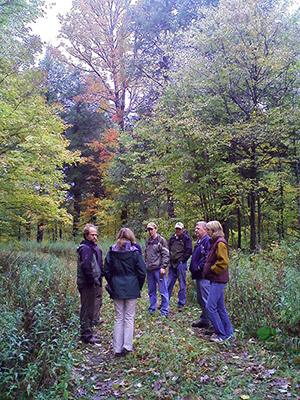 people talking in the woods